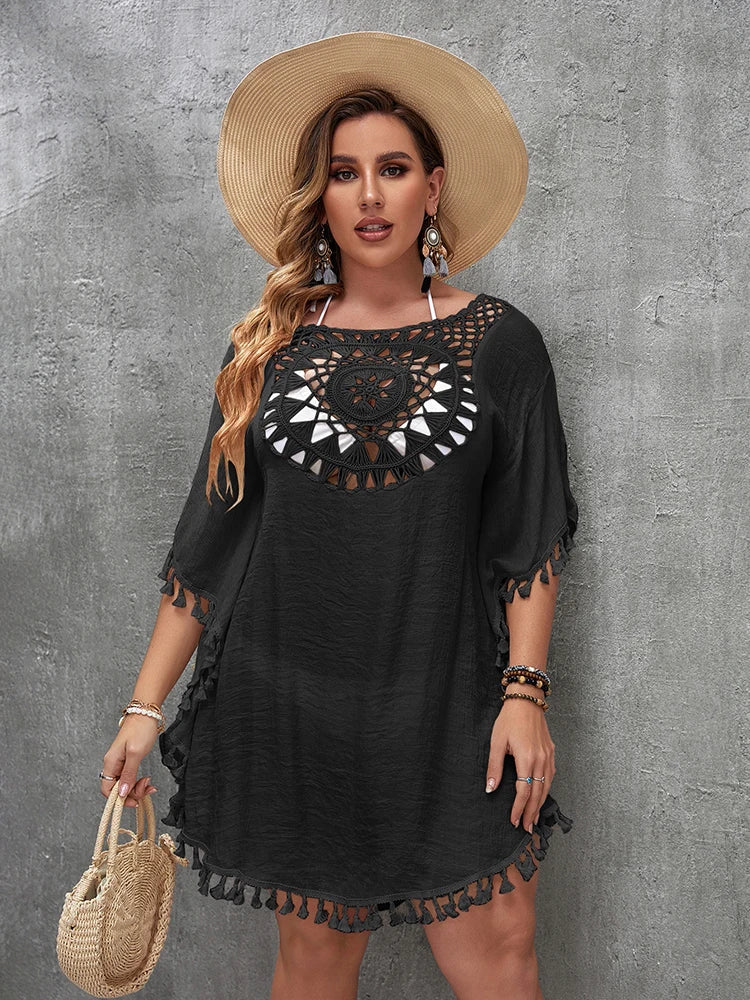 Swim Vacation Plus Size Sexy Loose Beach Dress Bikini Cover Up Swimsuit Hollow Out Casual Beachside Cover-Up Dress Beachwear
