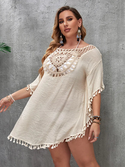 Swim Vacation Plus Size Sexy Loose Beach Dress Bikini Cover Up Swimsuit Hollow Out Casual Beachside Cover-Up Dress Beachwear