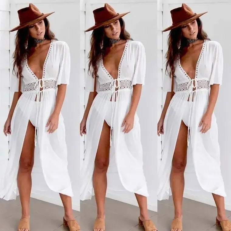 Bikini Cover Up Beach Long Maxi Dress Women Beach Cover Up Tunic Pareo White V Neck Dress Robe Swimwear Bathing Suit Beachwear