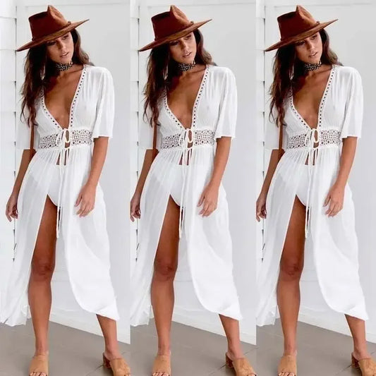 Bikini Cover Up Beach Long Maxi Dress Women Beach Cover Up Tunic Pareo White V Neck Dress Robe Swimwear Bathing Suit Beachwear