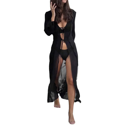 Women See Through Mesh Ruffle Trim Y2K Dress Sheer Flowy Beach Swimsuit Cover Up Dresses Bikini Swim Long Dress