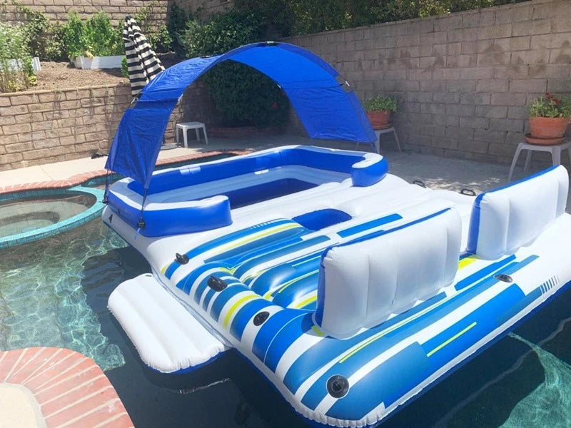 Outdoor 6-10 Person Water Party Raft Float Boat Inflatable Floating Island with Tent Canopy
