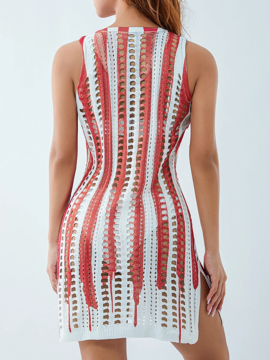 Women s Knit Beach Cover Up Dress Sleeveless Star Stripe Print Bikini Cover Up Hollow Bathing Suit