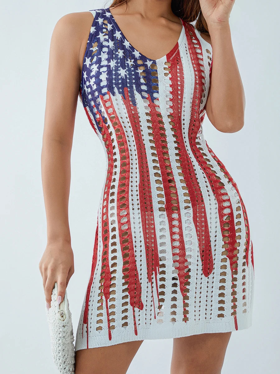 Women s Knit Beach Cover Up Dress Sleeveless Star Stripe Print Bikini Cover Up Hollow Bathing Suit