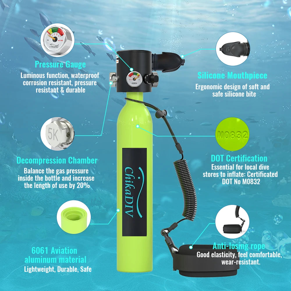 CHIKADIV C300P Mini Scuba Tank 0.5L with 5-10 Minutes,Portable Oxygen Tank for Snorkeling DivingWith Hand Pump Divig Gear travel