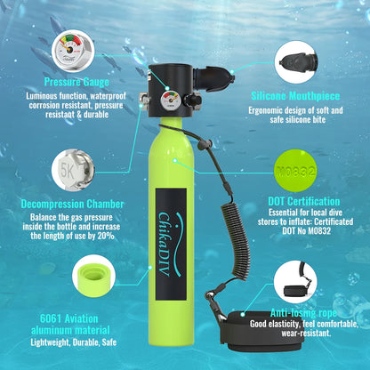 CHIKADIV C300P Mini Scuba Tank 0.5L with 5-10 Minutes,Portable Oxygen Tank for Snorkeling DivingWith Hand Pump Divig Gear travel