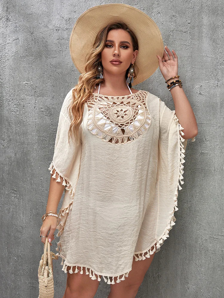 Swim Vacation Plus Size Sexy Loose Beach Dress Bikini Cover Up Swimsuit Hollow Out Casual Beachside Cover-Up Dress Beachwear