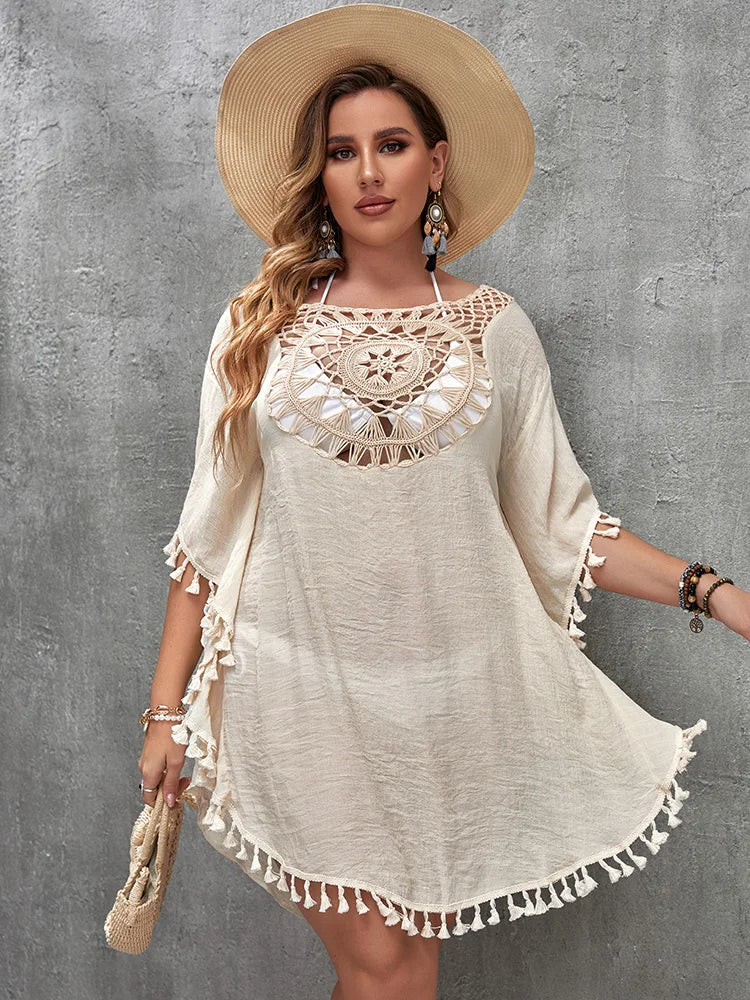 Swim Vacation Plus Size Sexy Loose Beach Dress Bikini Cover Up Swimsuit Hollow Out Casual Beachside Cover-Up Dress Beachwear