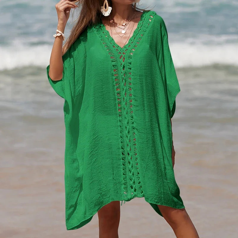 Beach Cover Up for Woman Tunic Bikini Dress Solid Color Crochet Cutout Loose Sun Protection Swimsuit Robe Bathing Suit Sundress