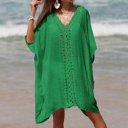 Beach Cover Up for Woman Tunic Bikini Dress Solid Color Crochet Cutout Loose Sun Protection Swimsuit Robe Bathing Suit Sundress