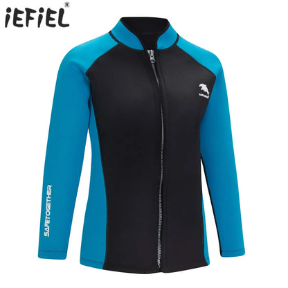 Women 2mm Neoprene Wetsuit Top Stand Collar Long Sleeve Zipper Color Block Surfing Thermal Jacket for Swimming Snorkeling Diving