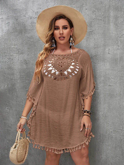 Swim Vacation Plus Size Sexy Loose Beach Dress Bikini Cover Up Swimsuit Hollow Out Casual Beachside Cover-Up Dress Beachwear