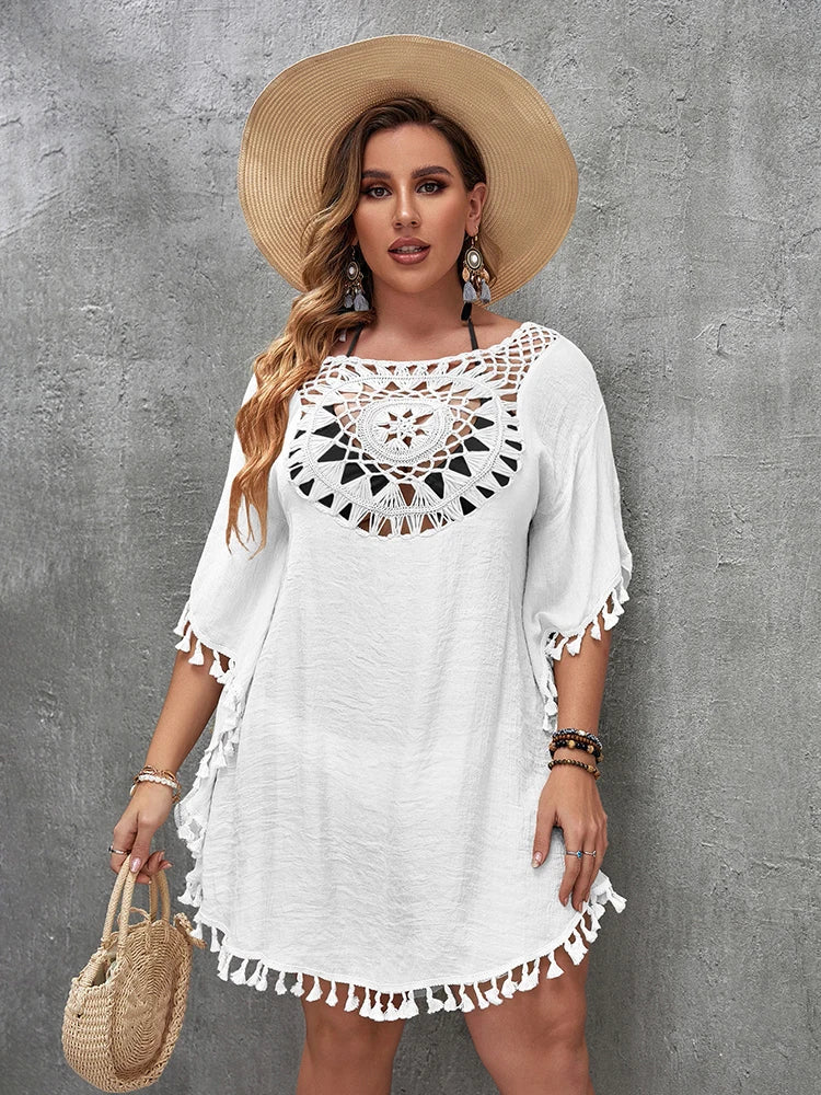 Swim Vacation Plus Size Sexy Loose Beach Dress Bikini Cover Up Swimsuit Hollow Out Casual Beachside Cover-Up Dress Beachwear