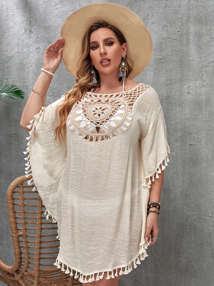 Swim Vacation Plus Size Sexy Loose Beach Dress Bikini Cover Up Swimsuit Hollow Out Casual Beachside Cover-Up Dress Beachwear