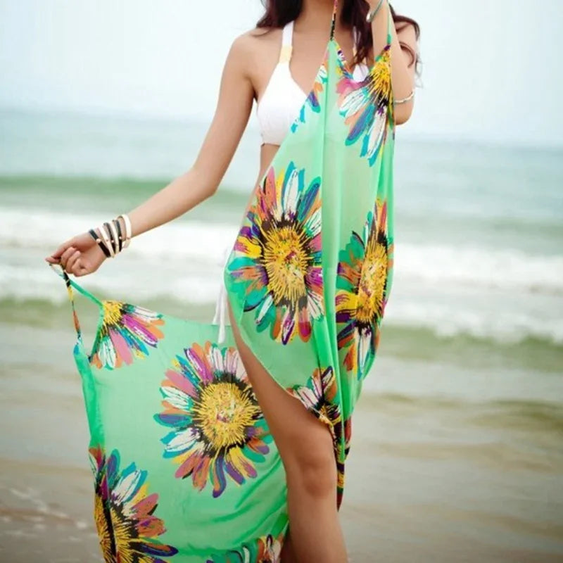 Summer Beach Dress Swimsuits Women Beach Bikini Cover Up Printed Pareo Chiffon Wrap Skirt Sarong Scarf Beachwear Bathing Suit