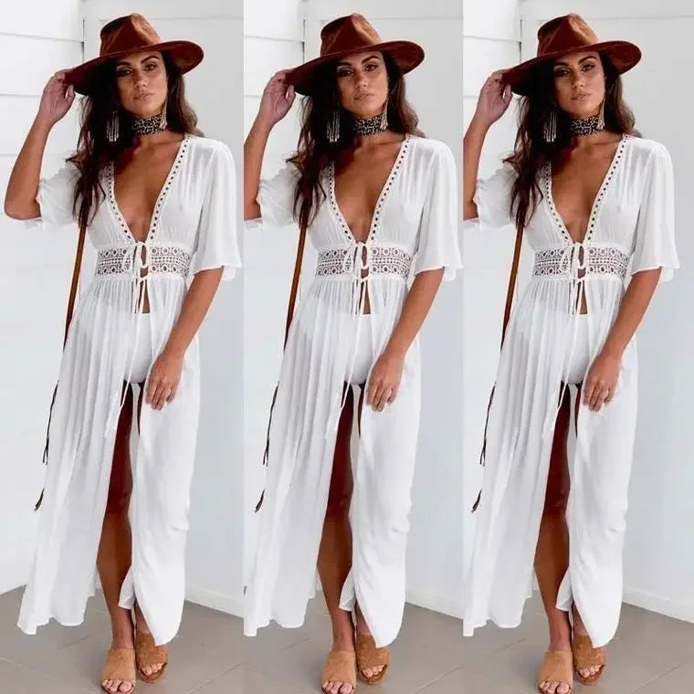 Bikini Cover Up Beach Long Maxi Dress Women Beach Cover Up Tunic Pareo White V Neck Dress Robe Swimwear Bathing Suit Beachwear
