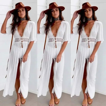 Bikini Cover Up Beach Long Maxi Dress Women Beach Cover Up Tunic Pareo White V Neck Dress Robe Swimwear Bathing Suit Beachwear