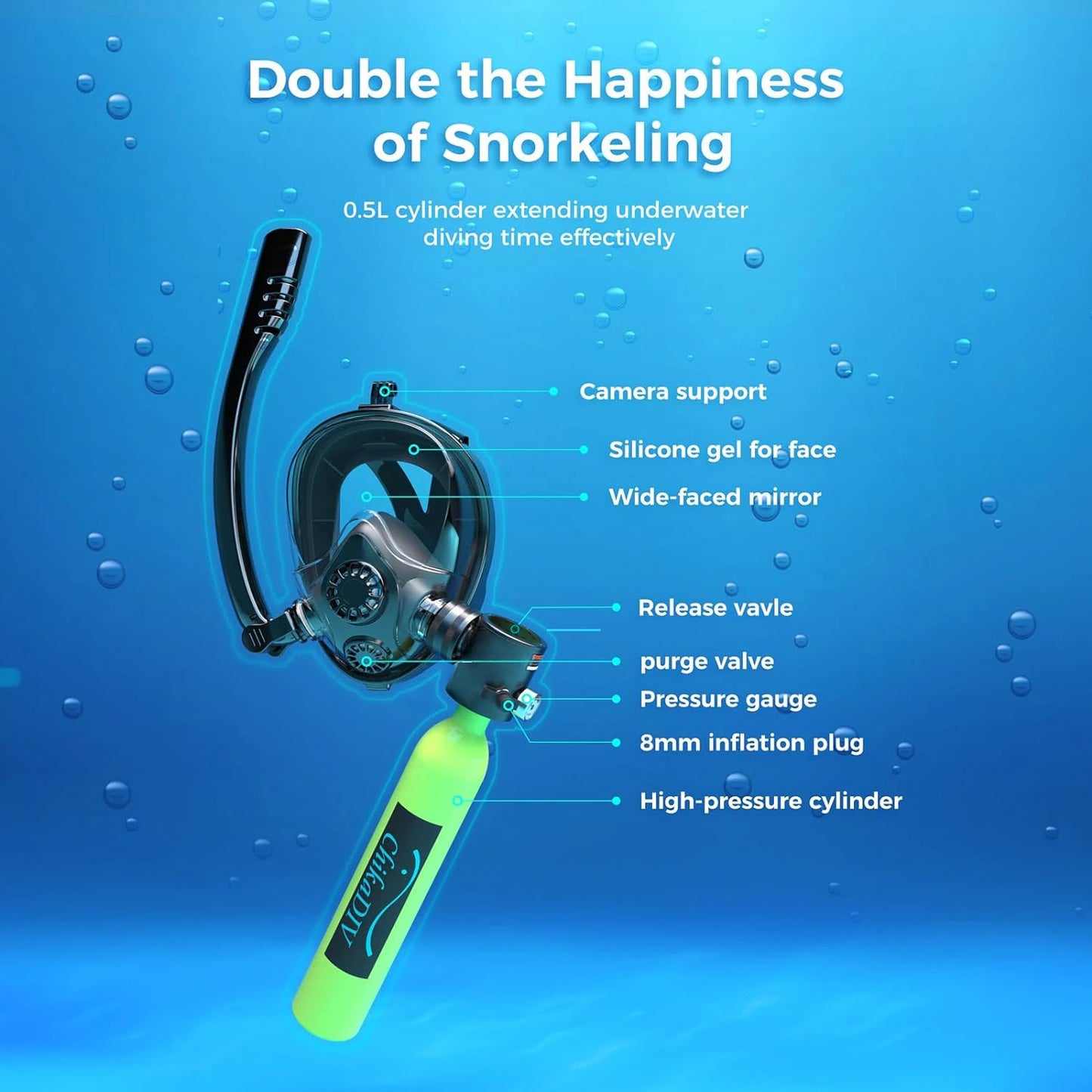 chikaDIV 0.5L Diving Tank with Snorkeling Mask, Hand Pump, Can be used underwater for 5-10 minutes, Outdoor Travel Equipment