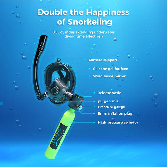 chikaDIV 0.5L Diving Tank with Snorkeling Mask, Hand Pump, Can be used underwater for 5-10 minutes, Outdoor Travel Equipment