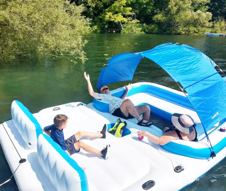 Outdoor 6-10 Person Water Party Raft Float Boat Inflatable Floating Island with Tent Canopy