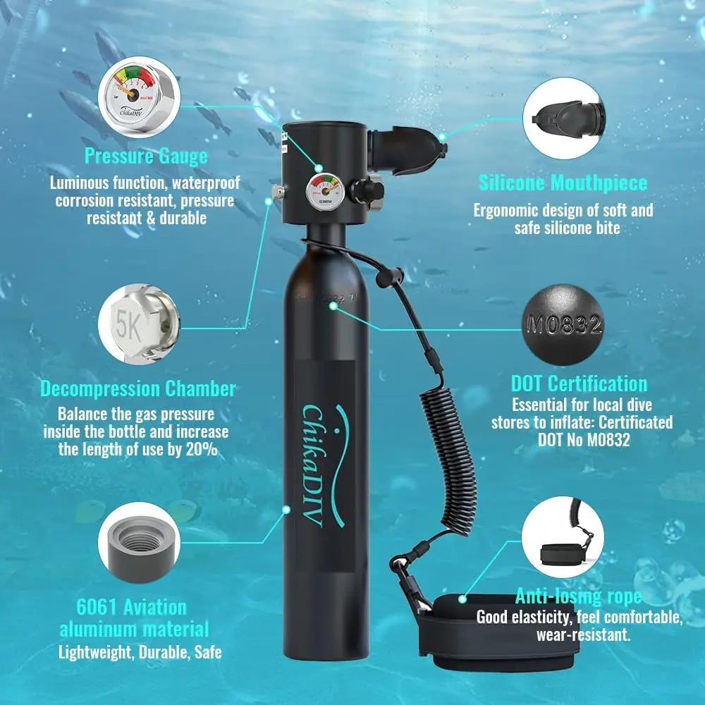 chikaDIV 0.5L Diving Tank with Snorkeling Mask, Hand Pump, Can be used underwater for 5-10 minutes, Outdoor Travel Equipment