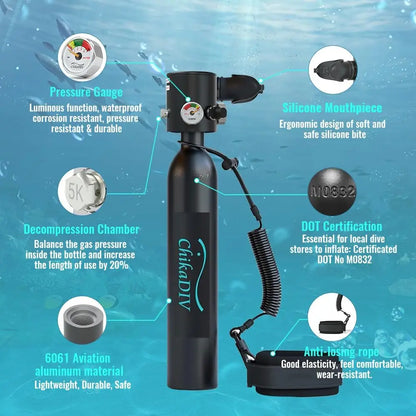 chikaDIV 0.5L Diving Tank with Snorkeling Mask, Hand Pump, Can be used underwater for 5-10 minutes, Outdoor Travel Equipment
