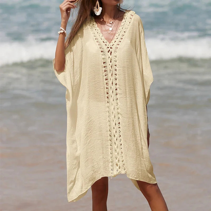 Beach Cover Up for Woman Tunic Bikini Dress Solid Color Crochet Cutout Loose Sun Protection Swimsuit Robe Bathing Suit Sundress